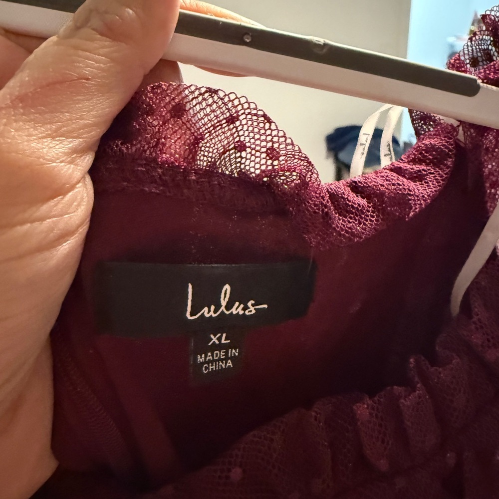 Lulus Regal Radiance Burgundy Tulle Bustier Midi Dress XL (lace)